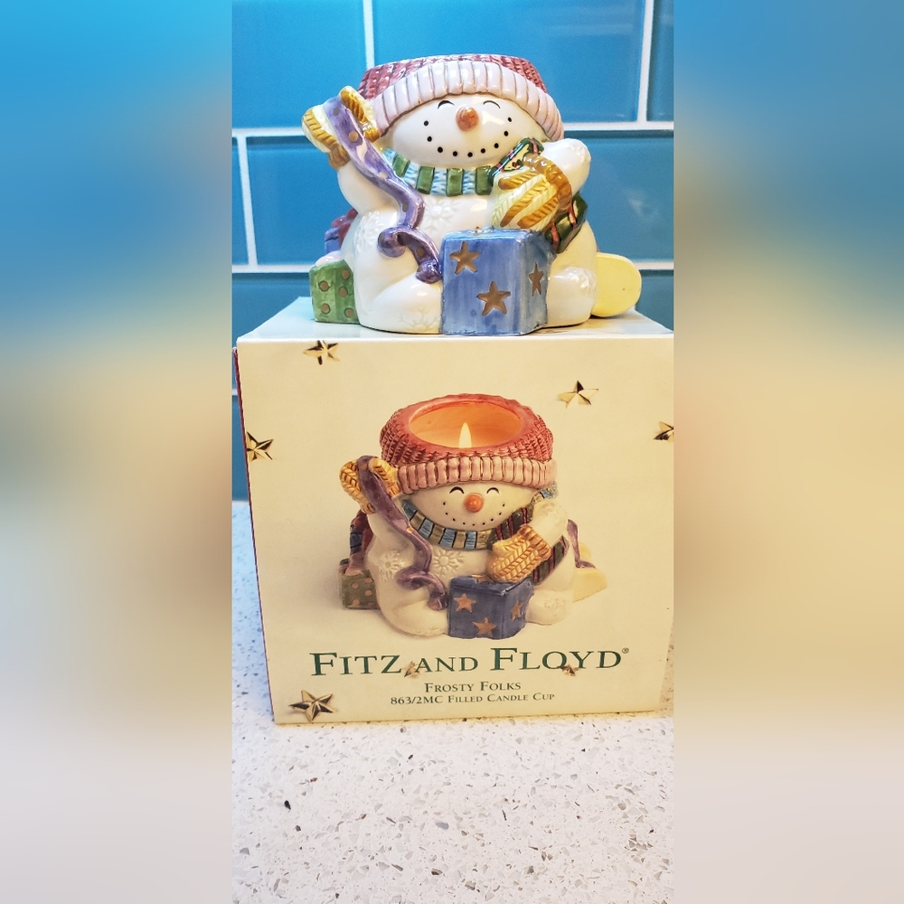 Christmas Fitz and Floyd Frosty Folks filled candle cup